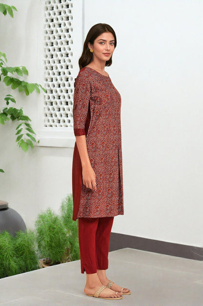W for Woman Dark Red Printed kurta With Front Pleat