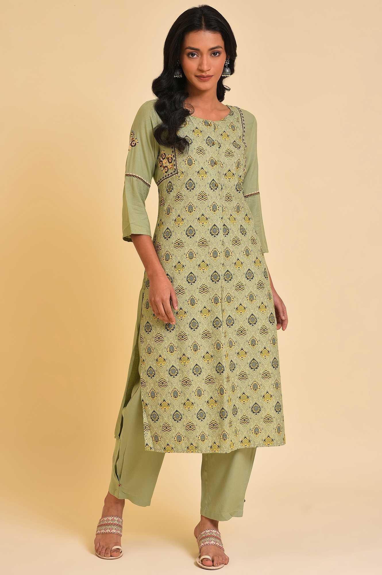 W for Woman Light Green Embroidered Yoke Printed kurta