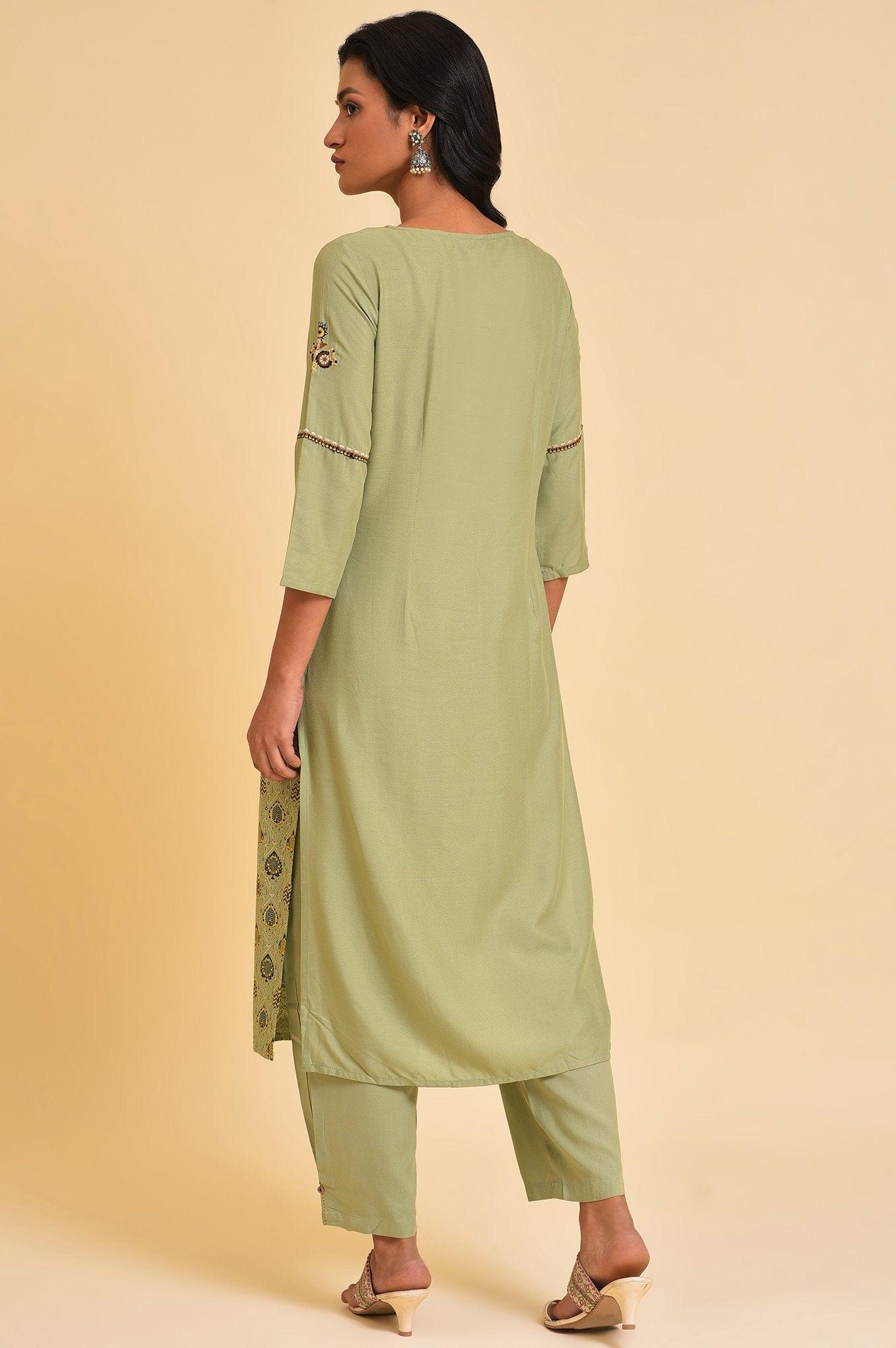 W for Woman Light Green Embroidered Yoke Printed kurta