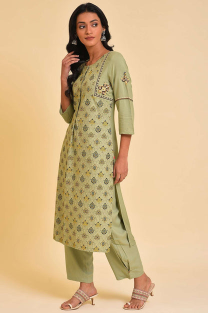 W for Woman Light Green Embroidered Yoke Printed kurta