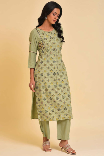 W for Woman Light Green Embroidered Yoke Printed kurta