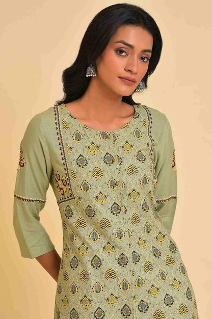 W for Woman Light Green Embroidered Yoke Printed kurta