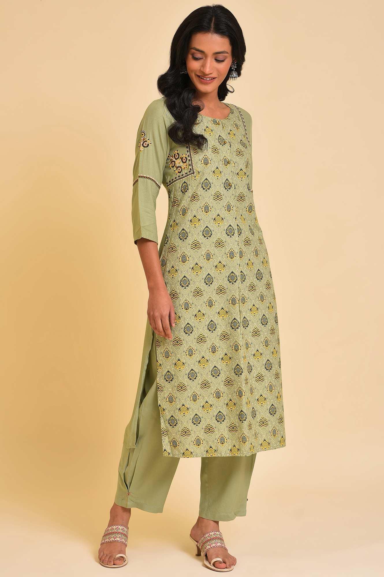 W for Woman Light Green Embroidered Yoke Printed kurta