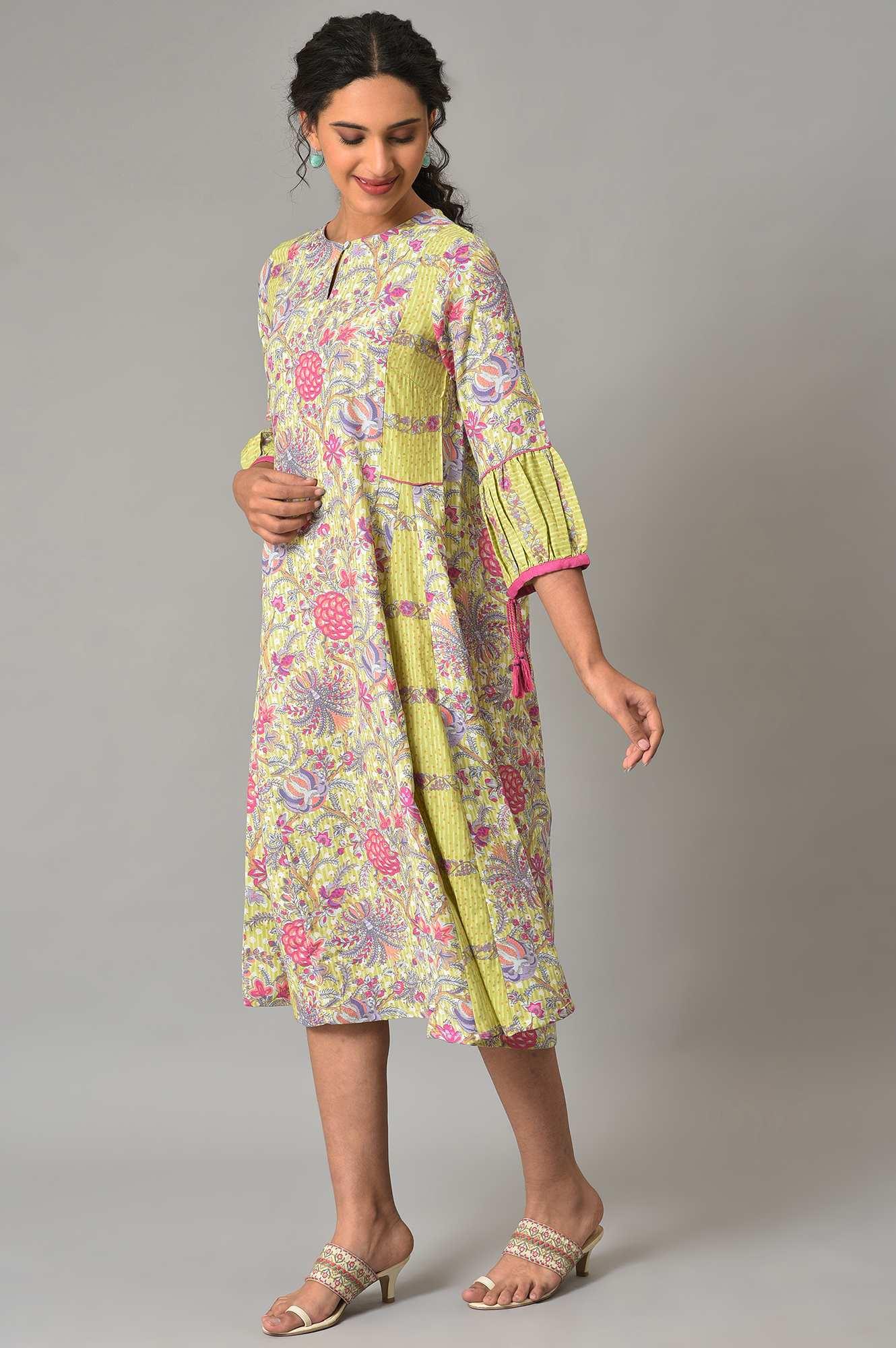 W for Woman Green Printed Godget Summer Dress