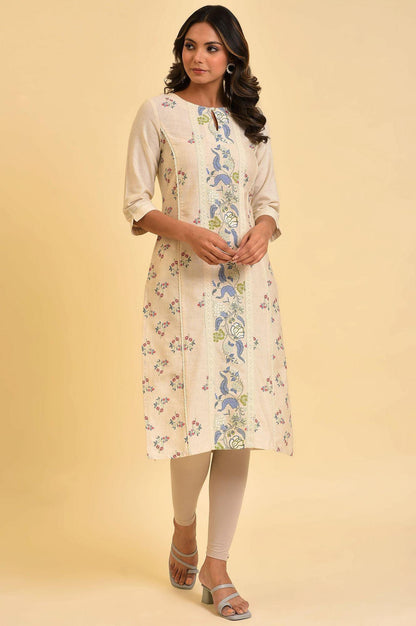 W for Woman Ecru Floral Printed kurta With Lace Detailing