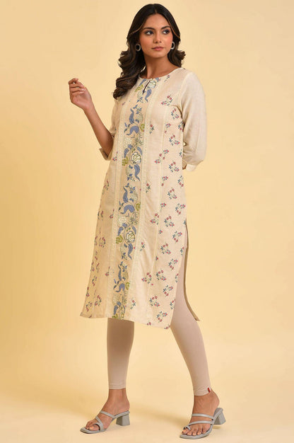 W for Woman Ecru Floral Printed kurta With Lace Detailing