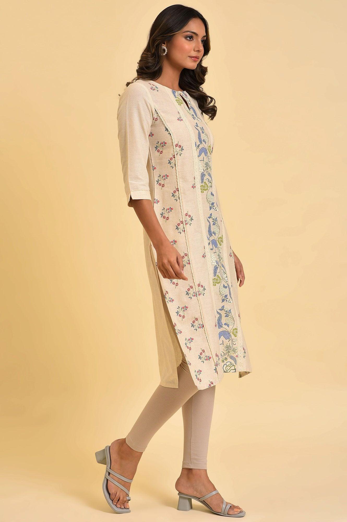 W for Woman Ecru Floral Printed kurta With Lace Detailing
