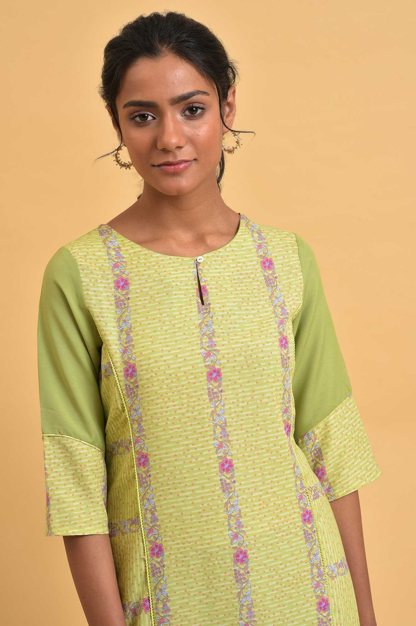 W for Woman Light Green Floral Printed Lace Spun Poly A-Line Kurta and Straight Pant Set
