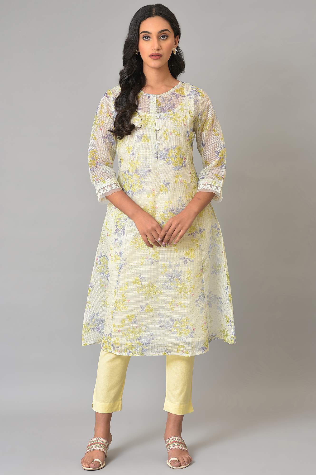 W for Woman Ecru Floral Printed Kota Inner Kurta