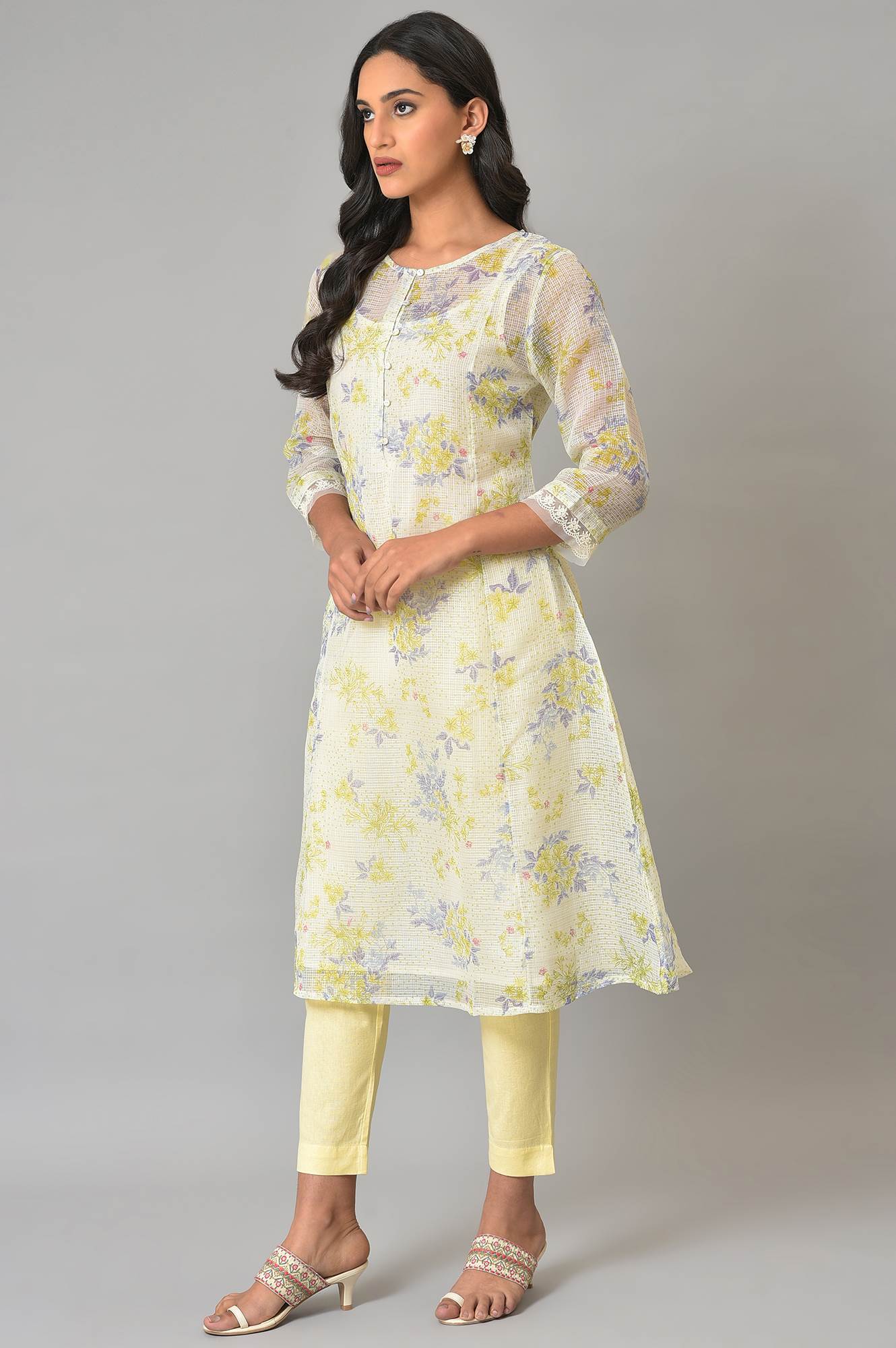 W for Woman Ecru Floral Printed Kota Inner Kurta