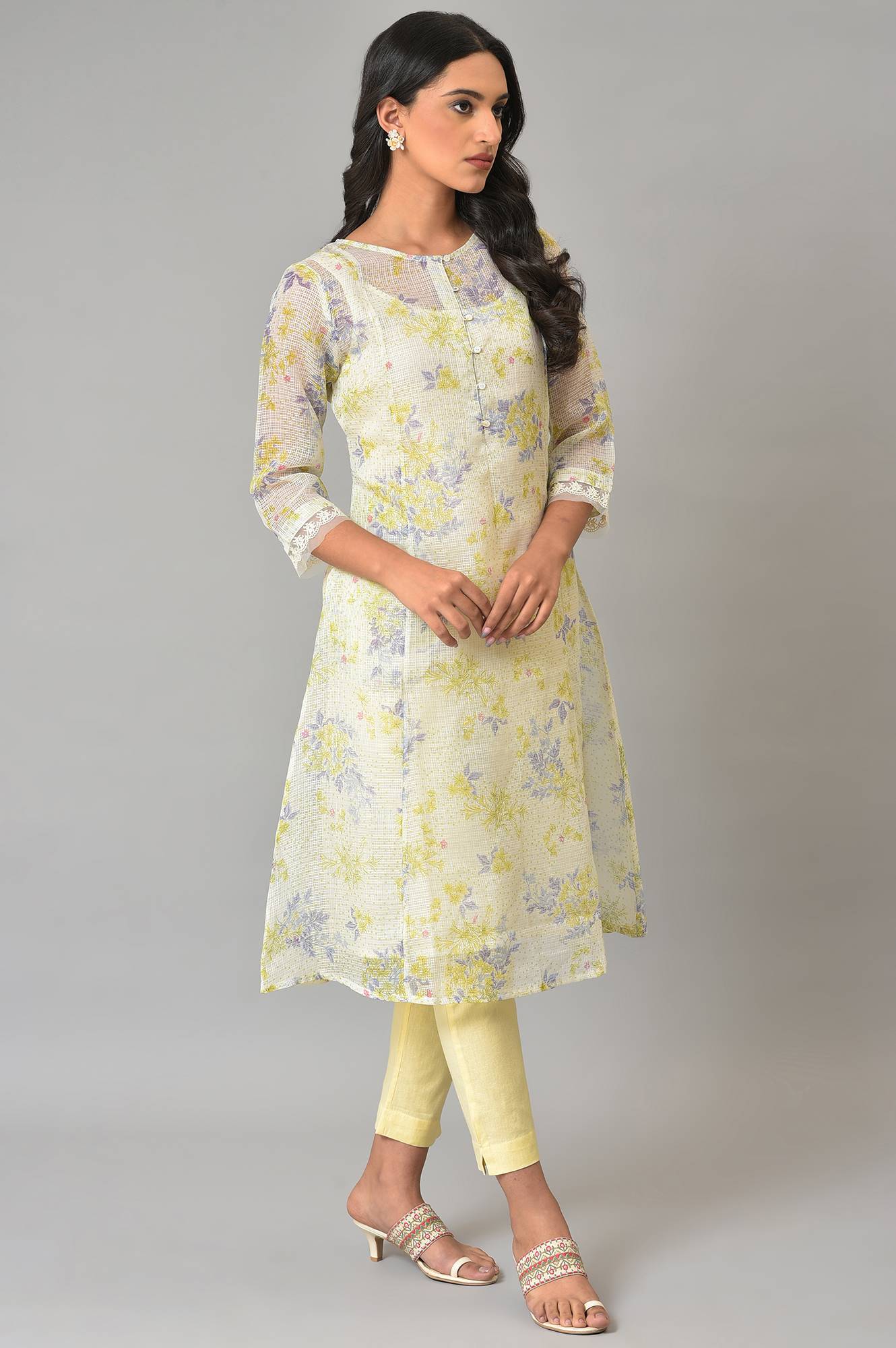 W for Woman Ecru Floral Printed Kota Inner Kurta