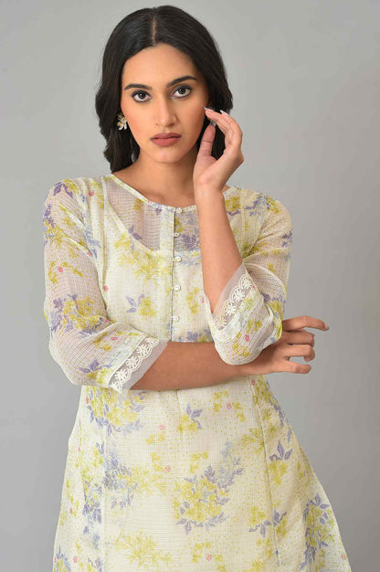 W for Woman Ecru Floral Printed Kota Inner Kurta
