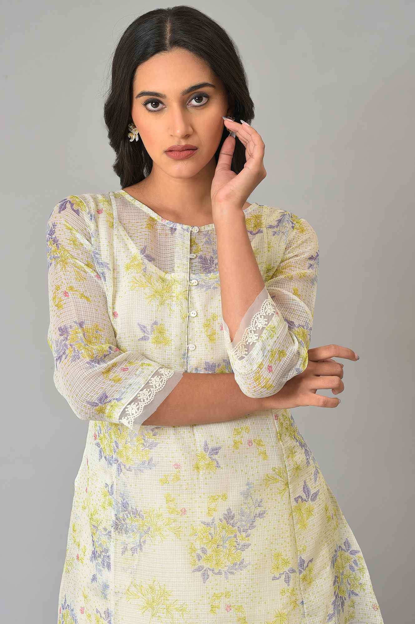 W for Woman Ecru Floral Printed Lace Kota A-Line Kurta and Jegging Set