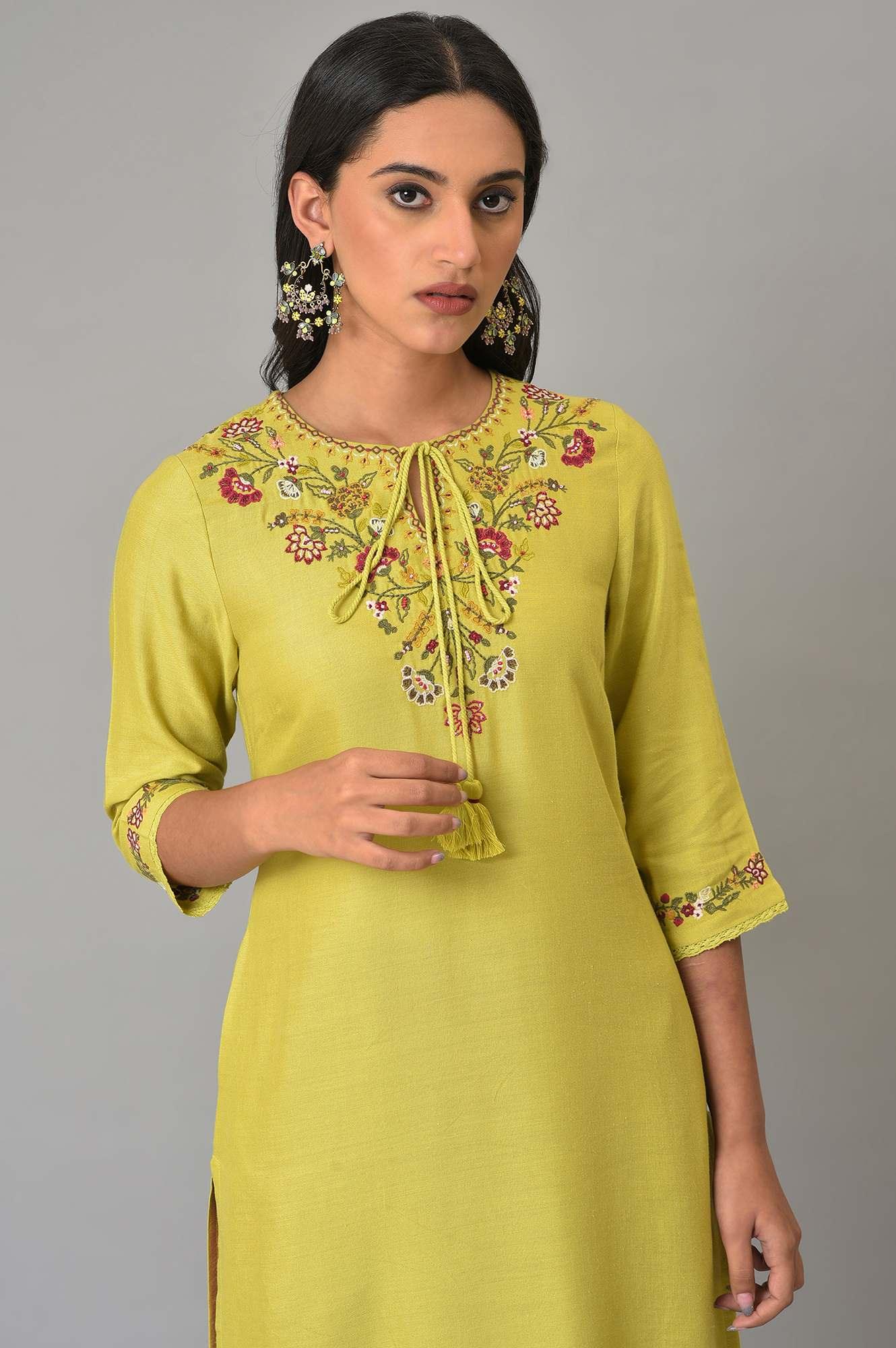 W for Woman Lime Green Embroidered Summer kurta