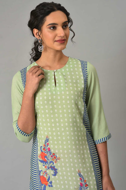 W for Woman Green Floral Printed Lace Muslin Silk Straight Kurta and Straight Pant Set