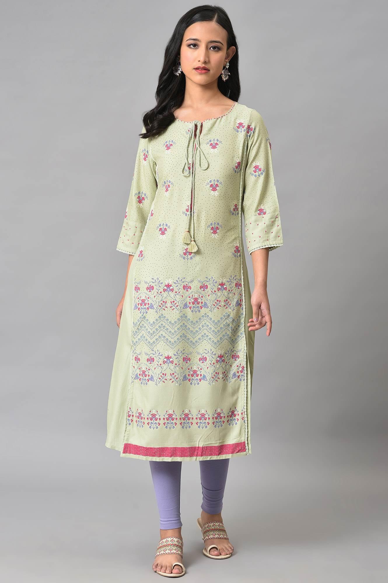 W for Woman Light Green Mock Layer Printed kurta