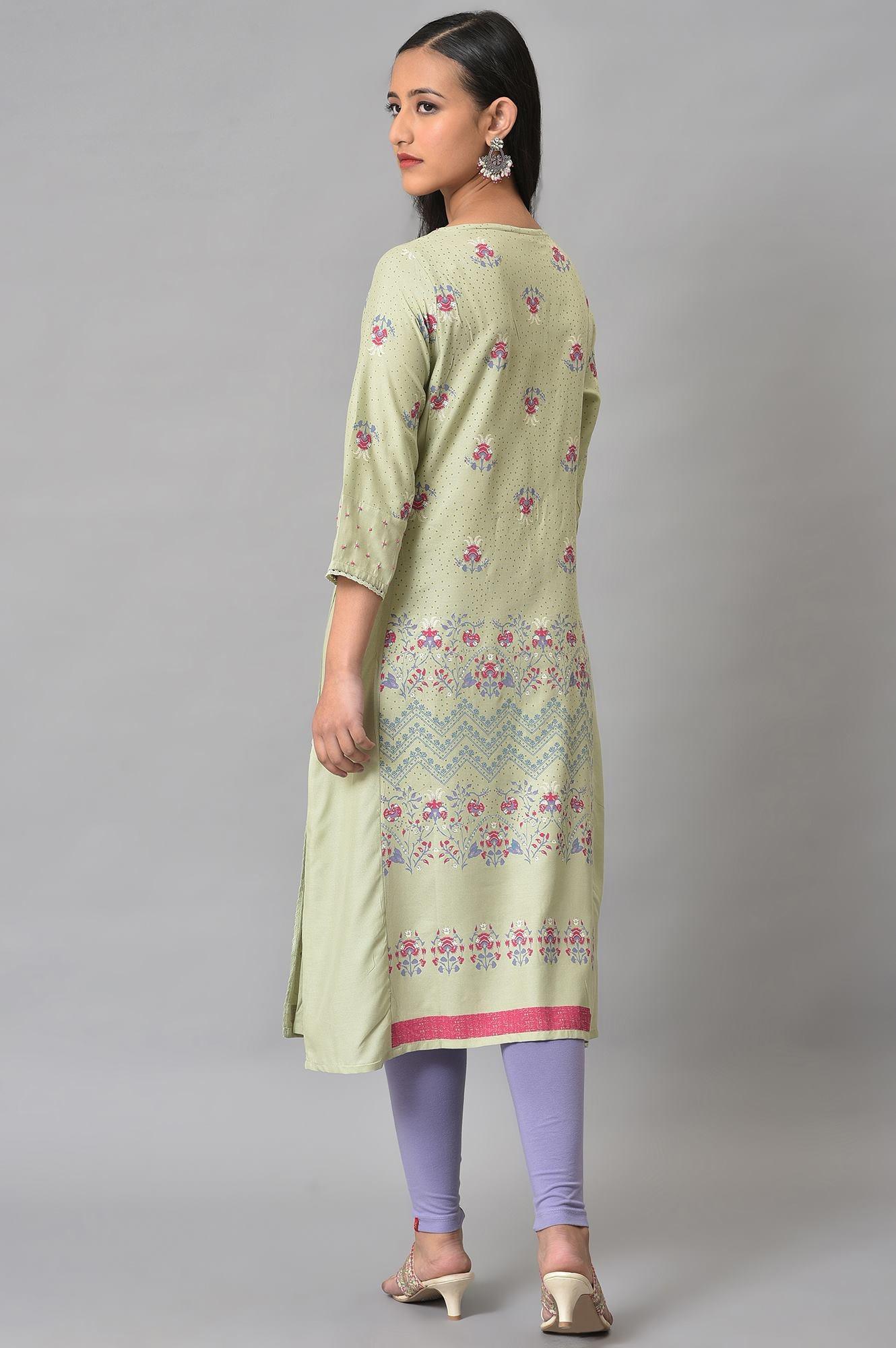 W for Woman Light Green Mock Layer Printed kurta