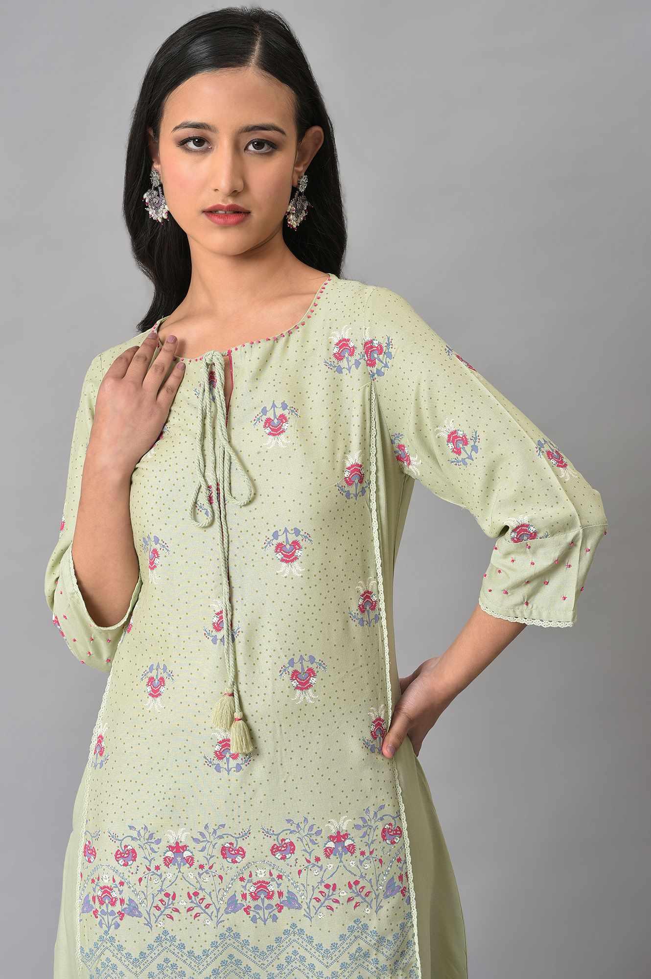 W for Woman Light Green Mock Layer Printed kurta
