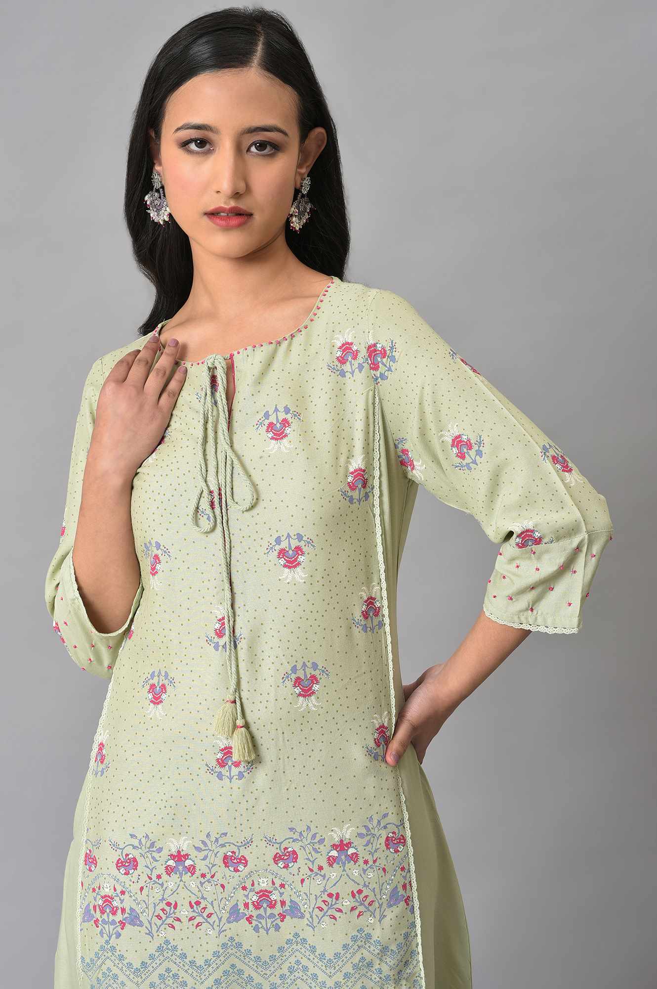 W for Woman Green Floral Printed Beads Rayon A-Line Kurta and Straight Pant Set
