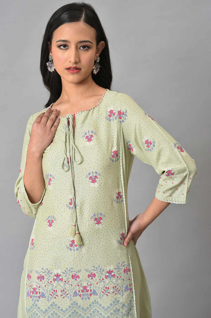 W for Woman Green Floral Printed Beads Rayon A-Line Kurta and Straight Pant Set