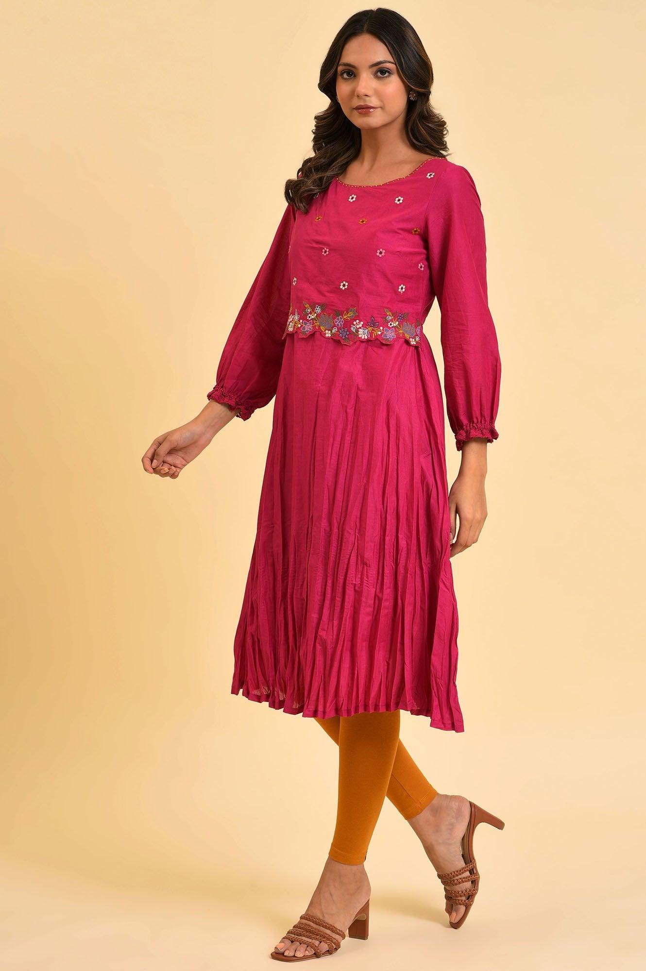 W for Woman Pink Embroidered Crinkled kurta