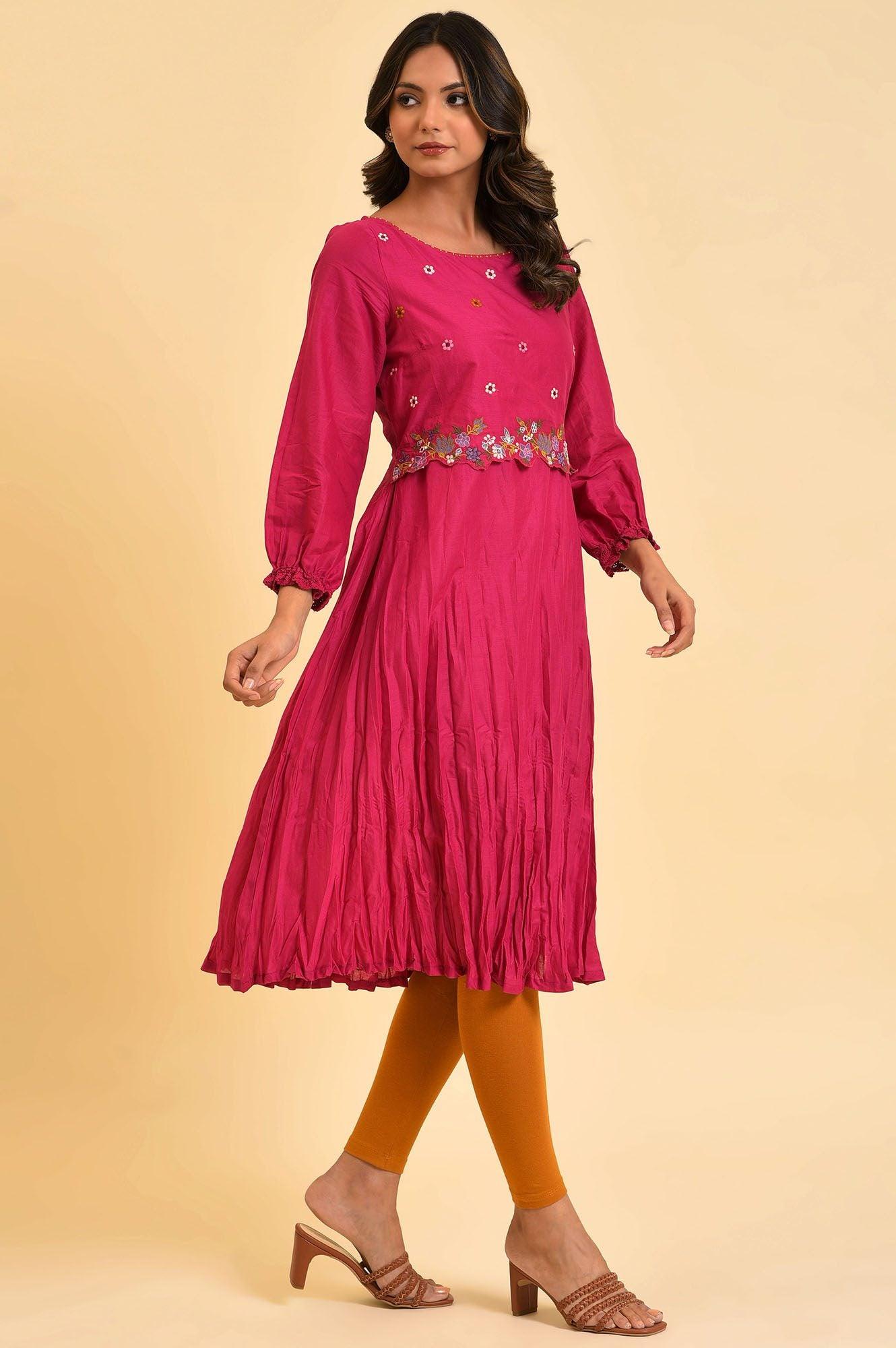 W for Woman Pink Embroidered Crinkled kurta