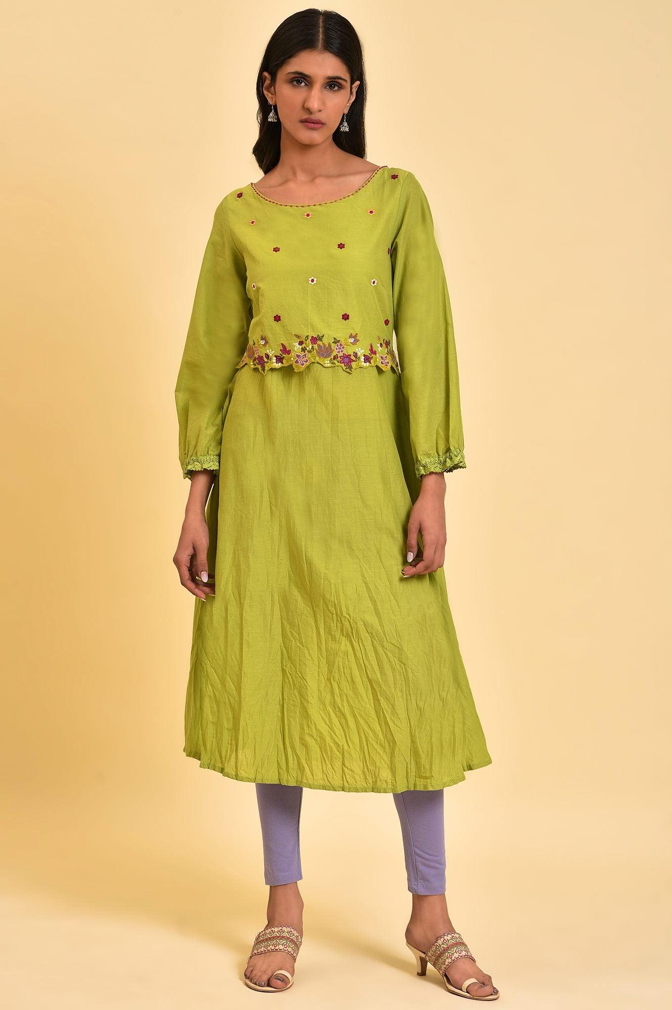 W for Woman Green Embroidered Crinkled kurta