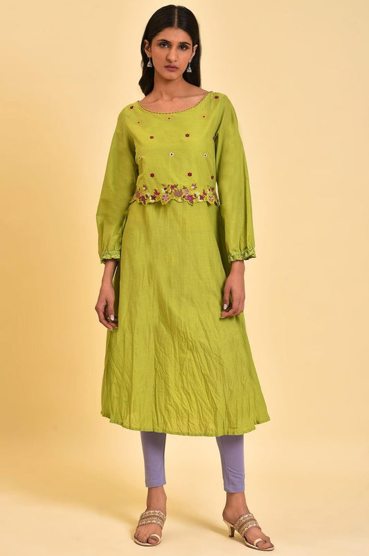 W for Woman Green Embroidered Crinkled kurta