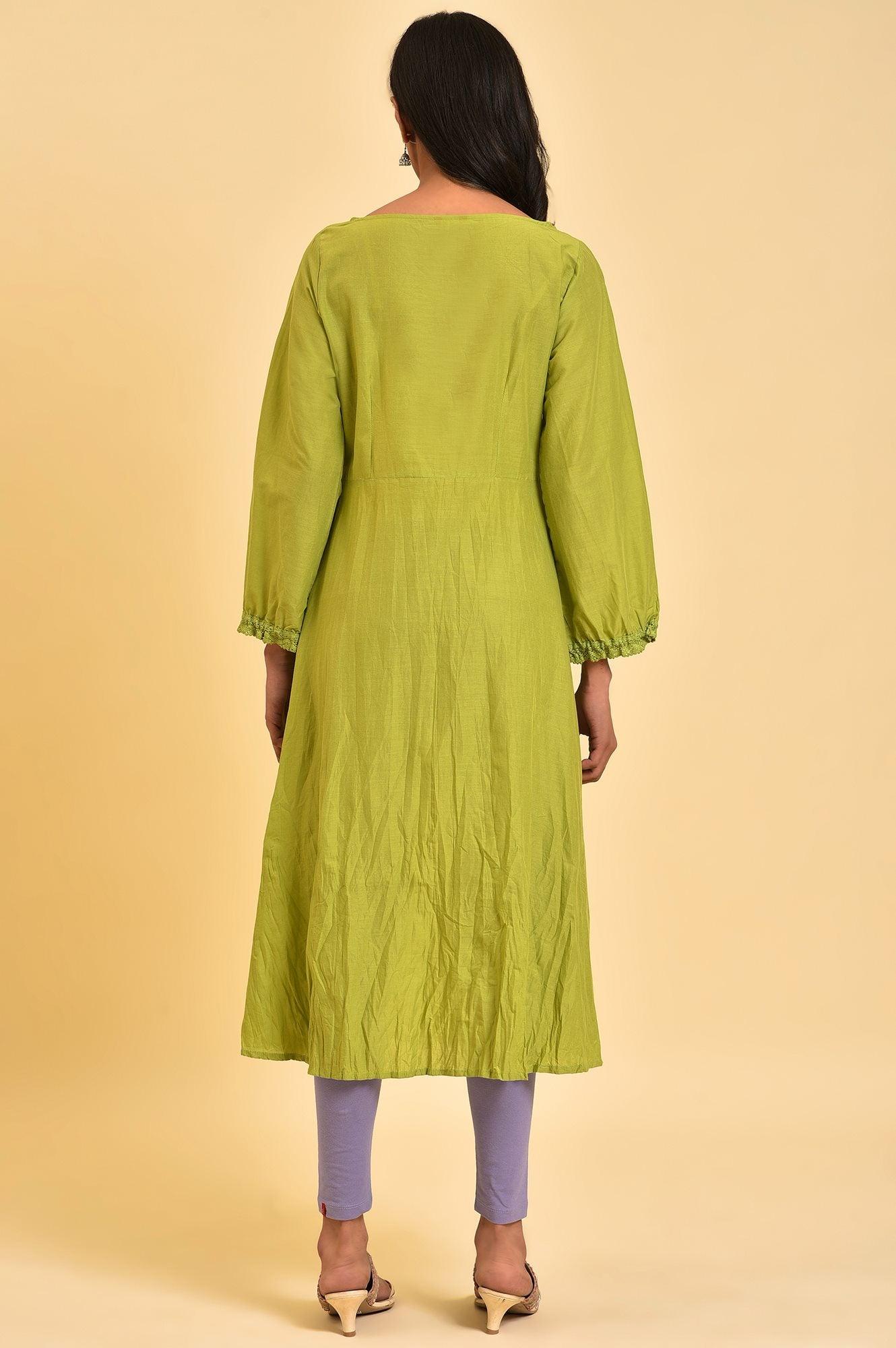 W for Woman Green Embroidered Crinkled kurta
