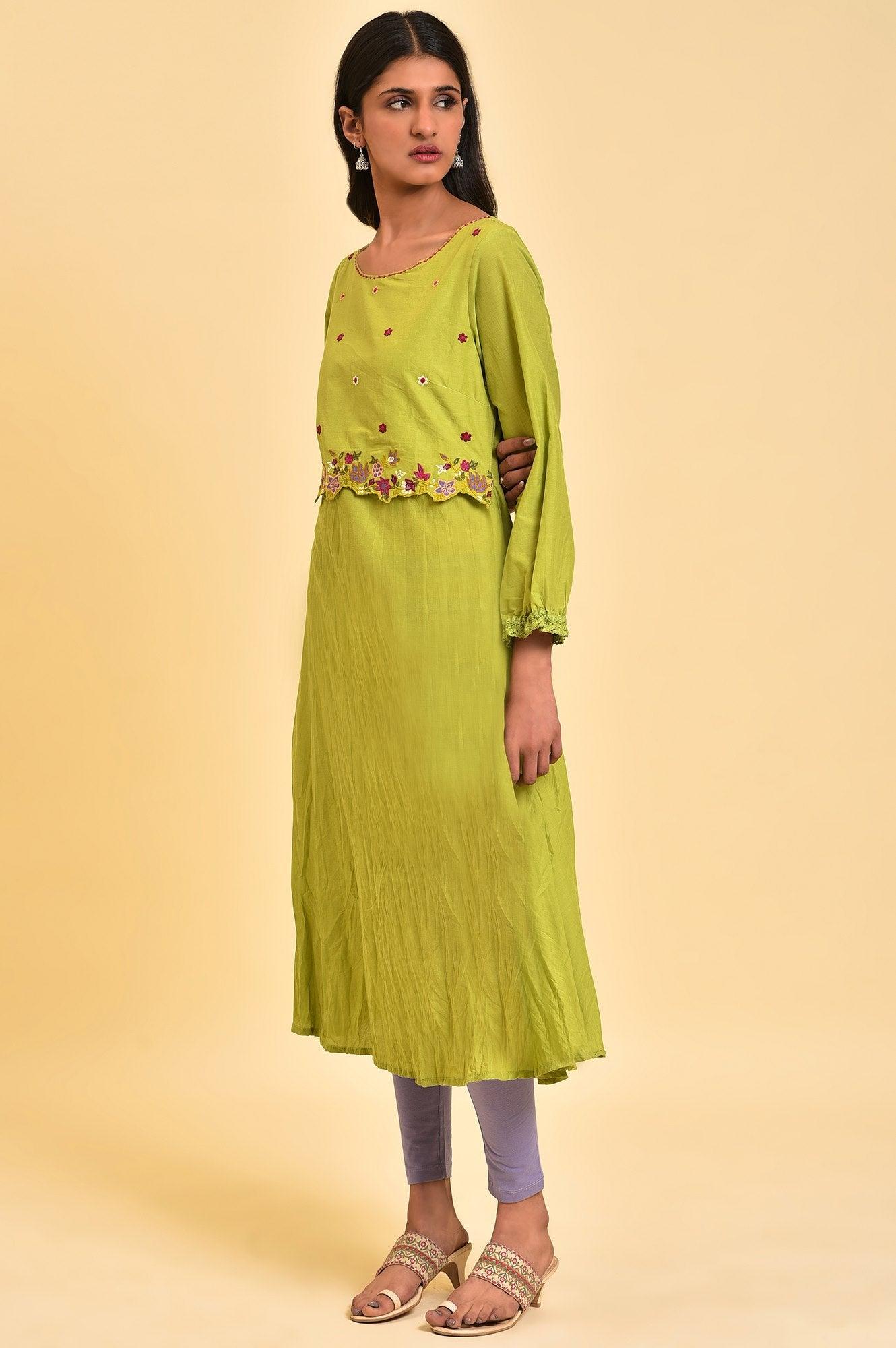 W for Woman Green Embroidered Crinkled kurta