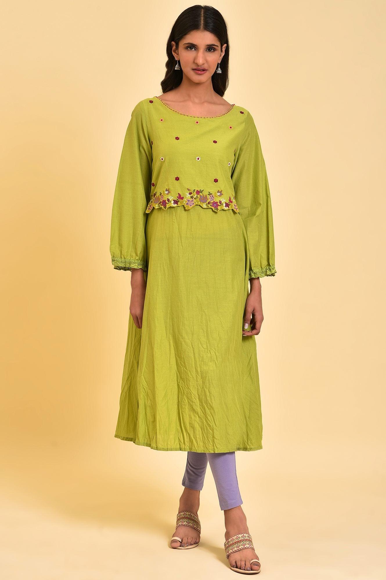 W for Woman Green Embroidered Crinkled kurta