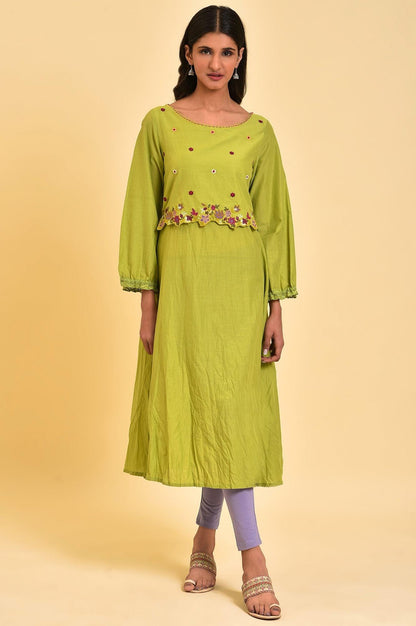W for Woman Green Embroidered Crinkled kurta