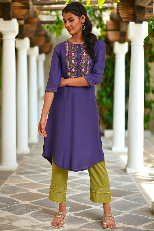 W for Woman Purple Embroidered Straight kurta