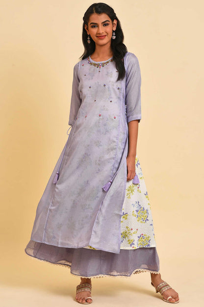 W for Woman Purple Kota Layered Printed kurta