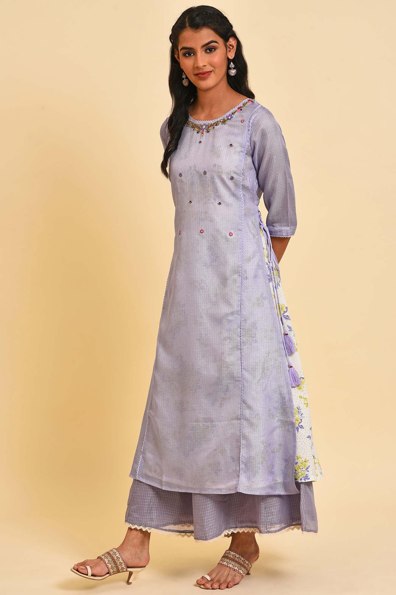 W for Woman Purple Kota Layered Printed kurta