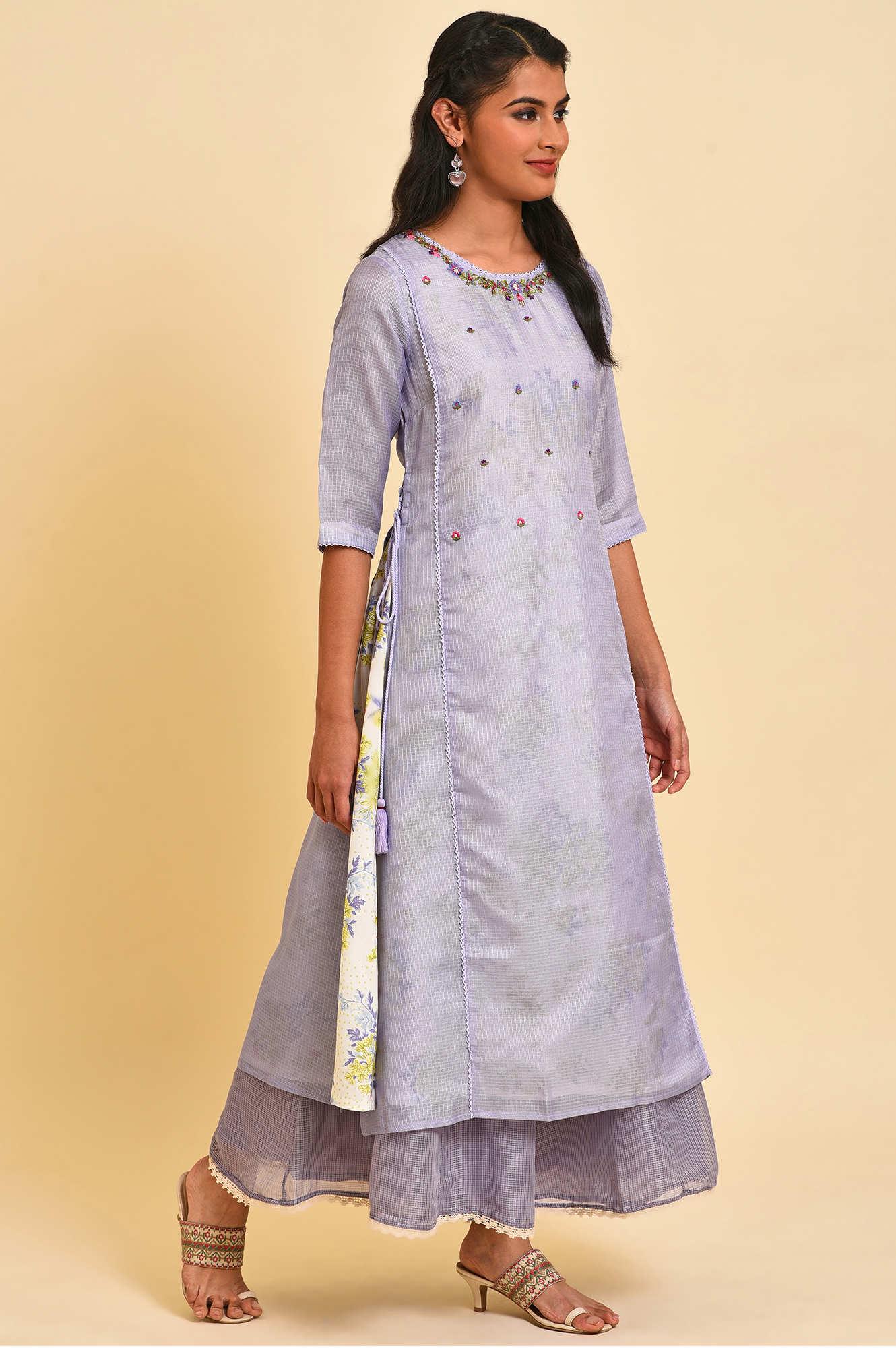 W for Woman Purple Kota Layered Printed kurta