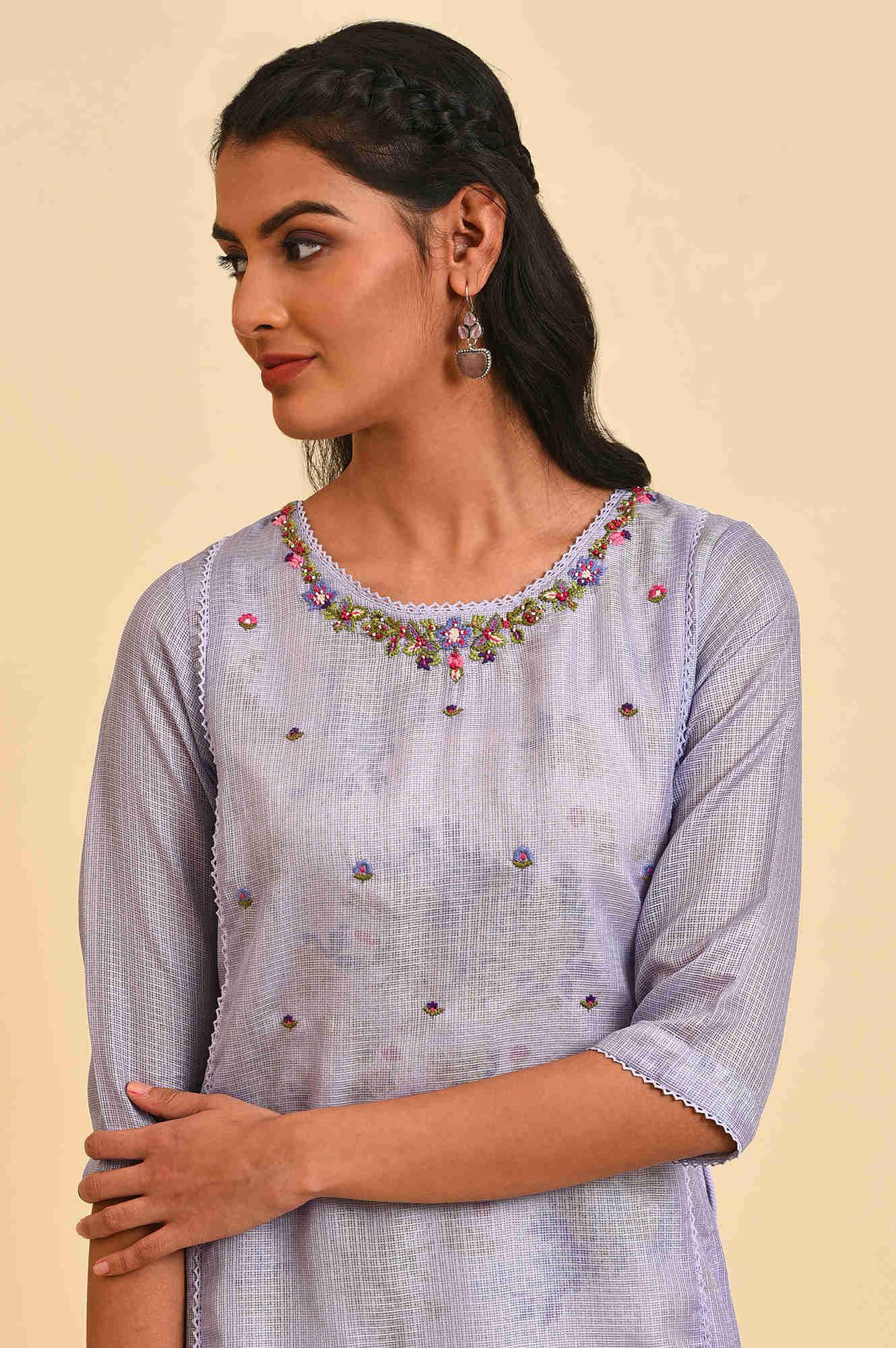 W for Woman Purple Kota Layered Printed kurta