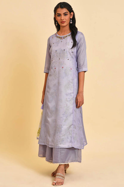 W for Woman Purple Kota Layered Printed kurta