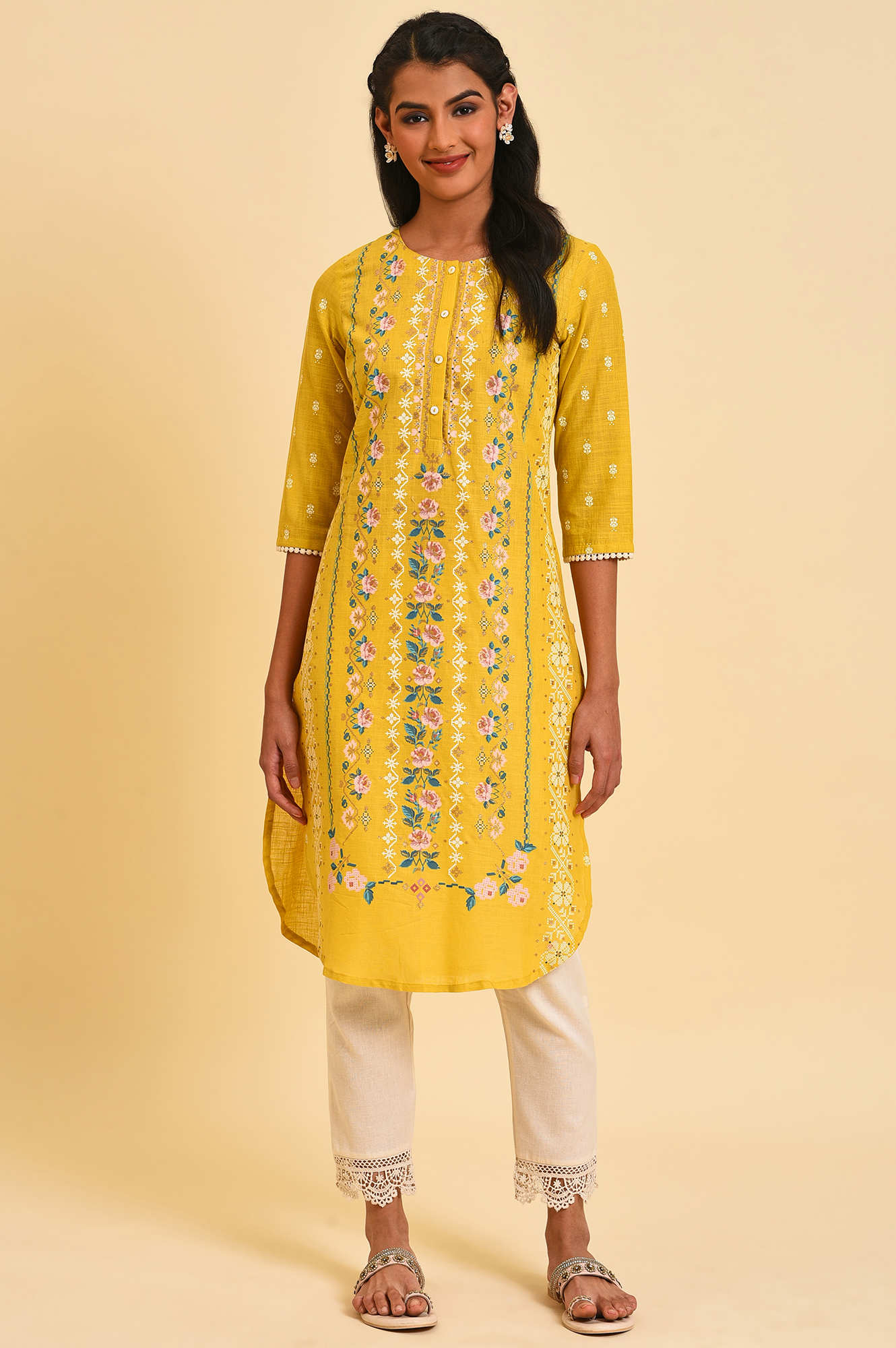 W for Woman Yellow Glitter Printed kurta