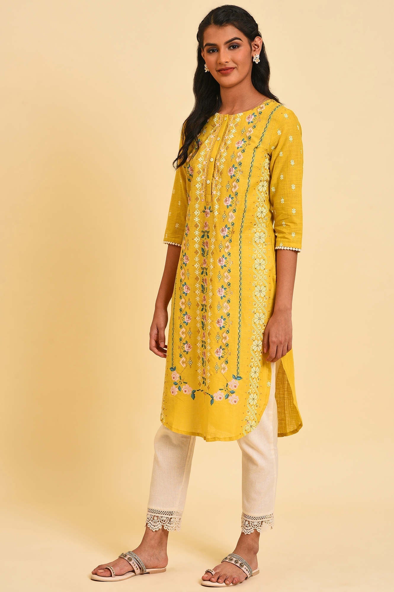 W for Woman Yellow Glitter Printed kurta