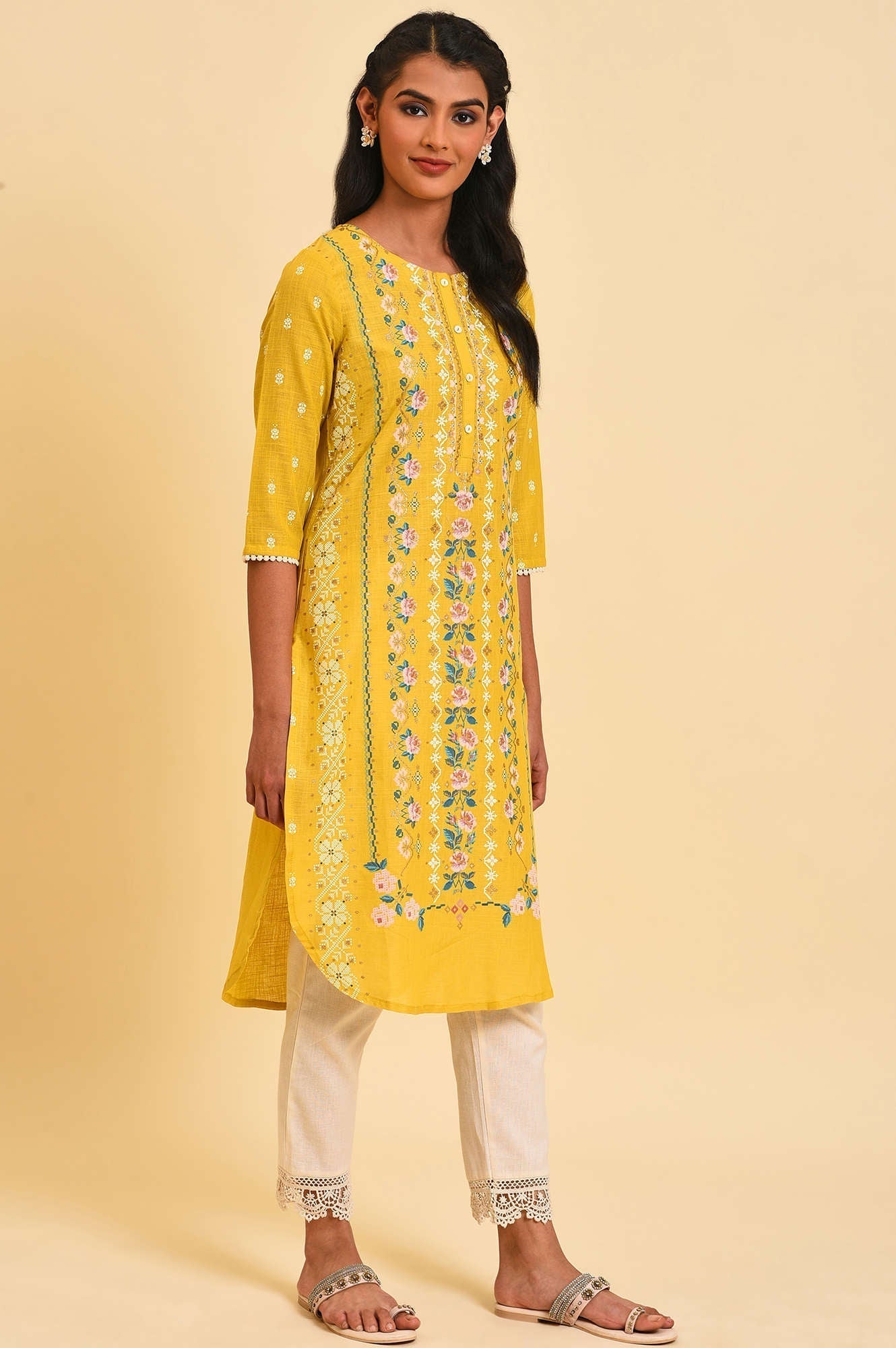 W for Woman Yellow Glitter Printed kurta
