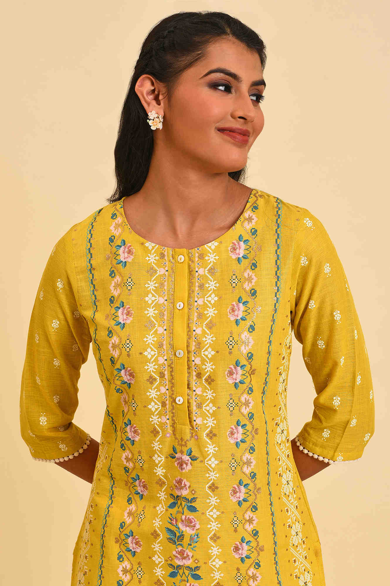 W for Woman Yellow Glitter Printed kurta