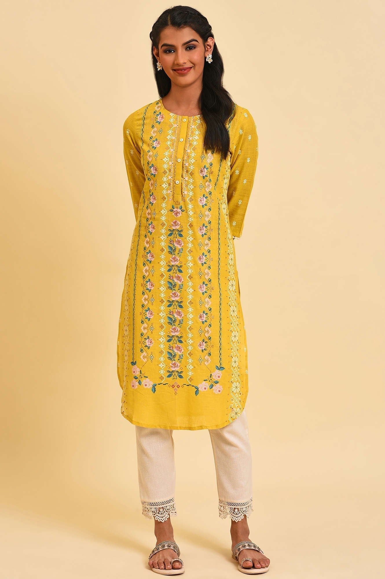 W for Woman Yellow Glitter Printed kurta