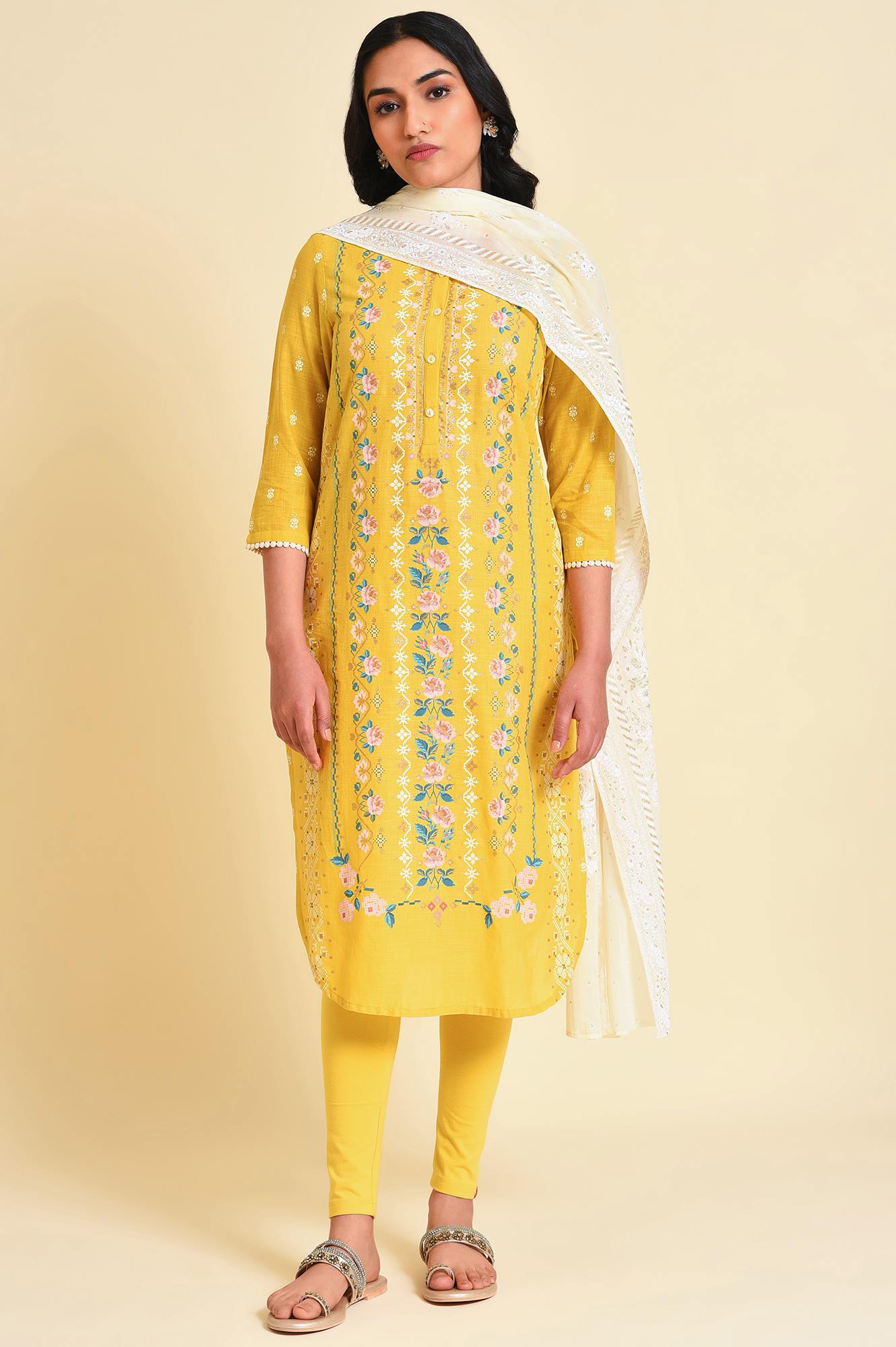 W for Woman Yellow Glitter Printed kurta