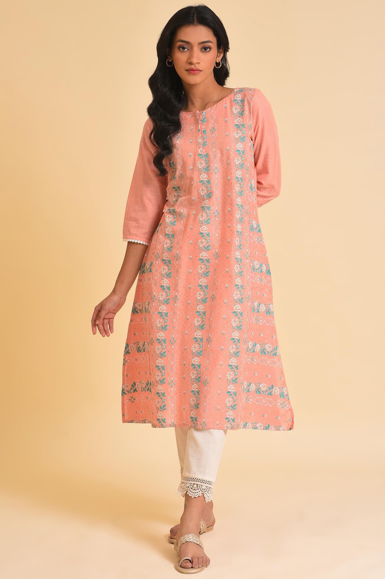 W for Woman Peach Glitter Printed A-Line kurta
