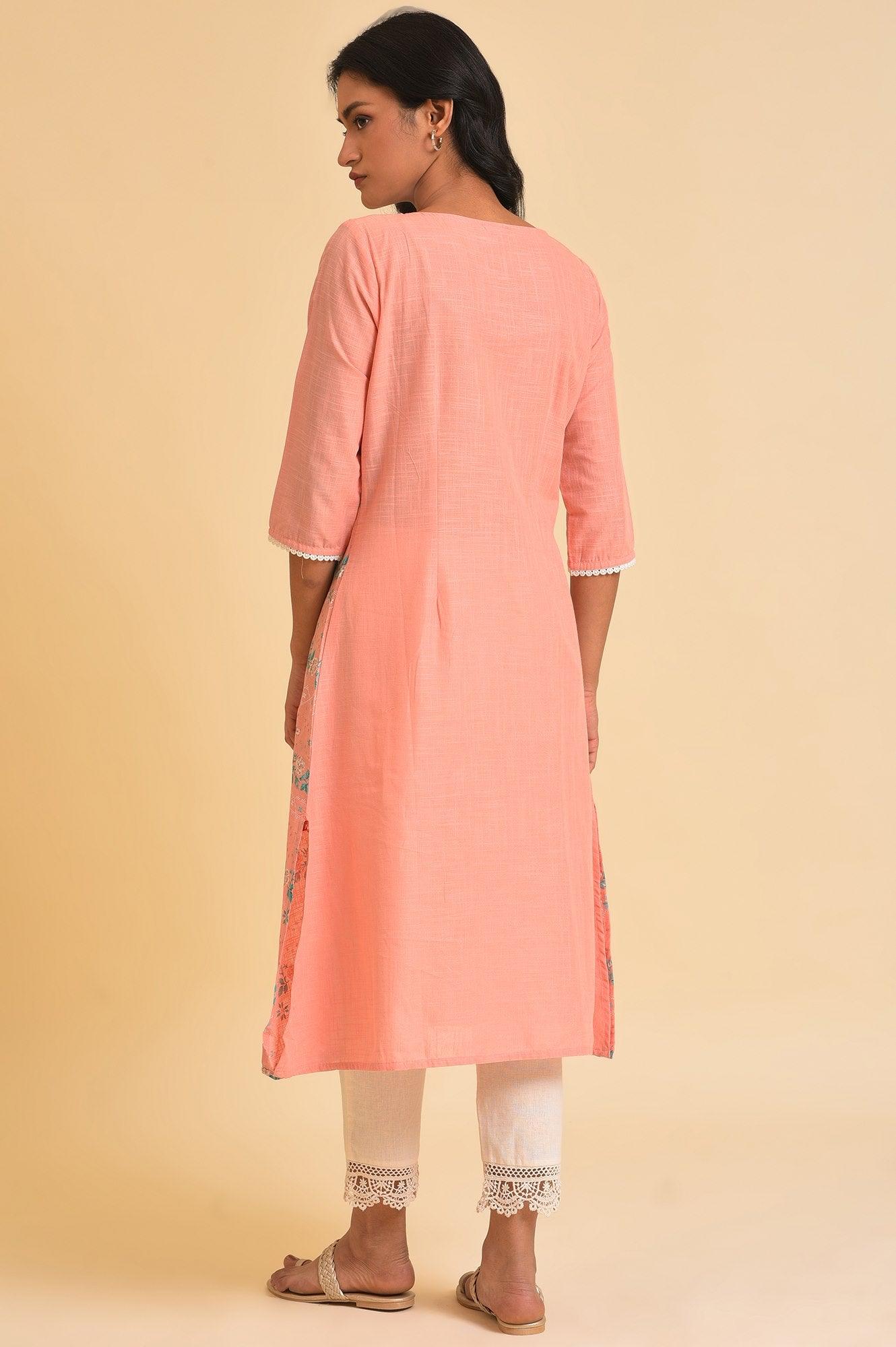 W for Woman Peach Glitter Printed A-Line kurta