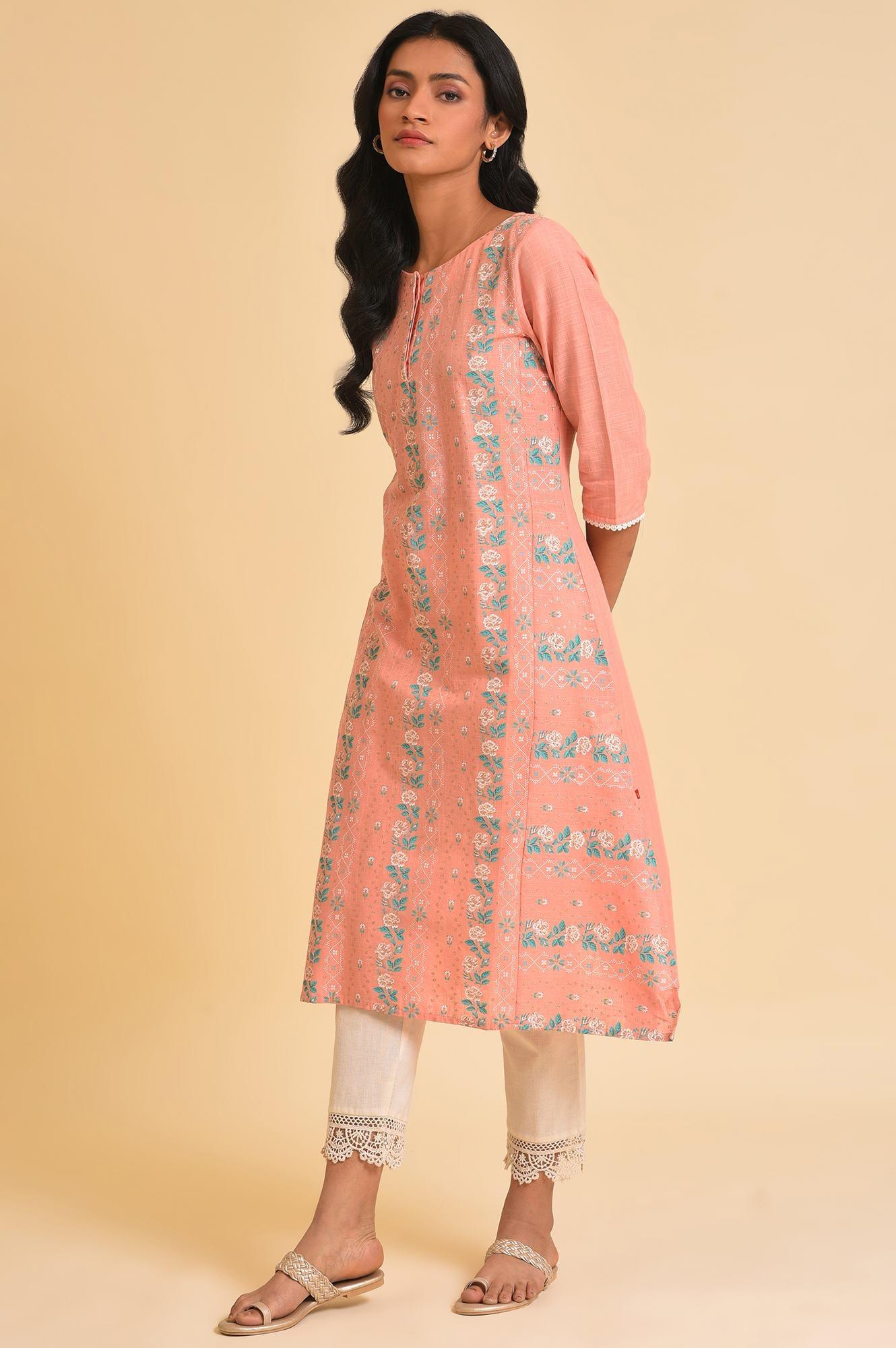 W for Woman Peach Glitter Printed A-Line kurta