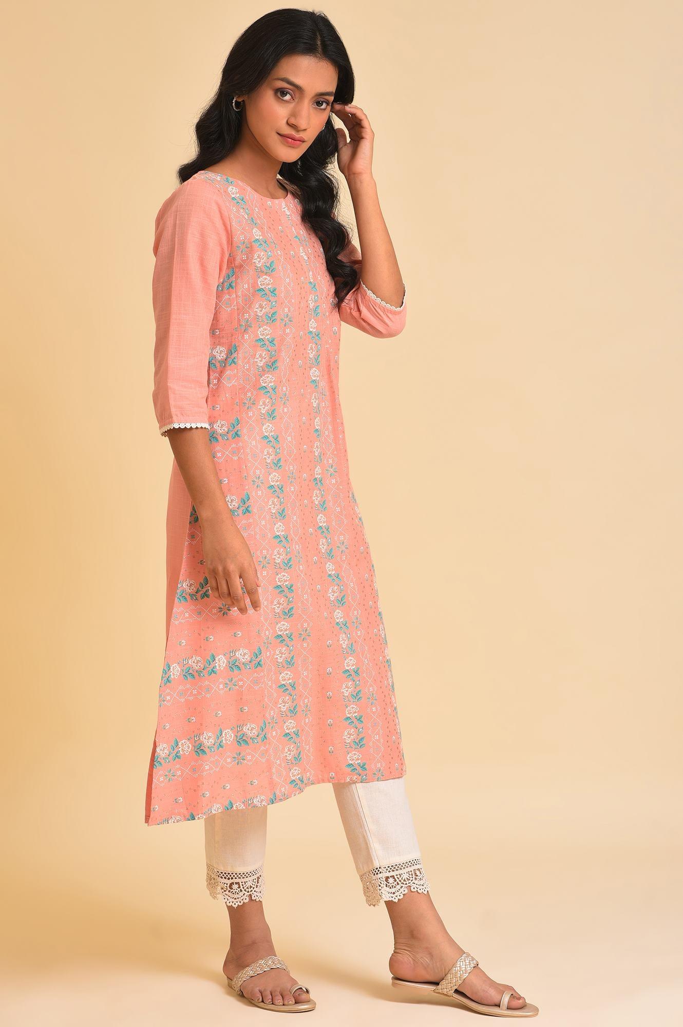 W for Woman Peach Glitter Printed A-Line kurta