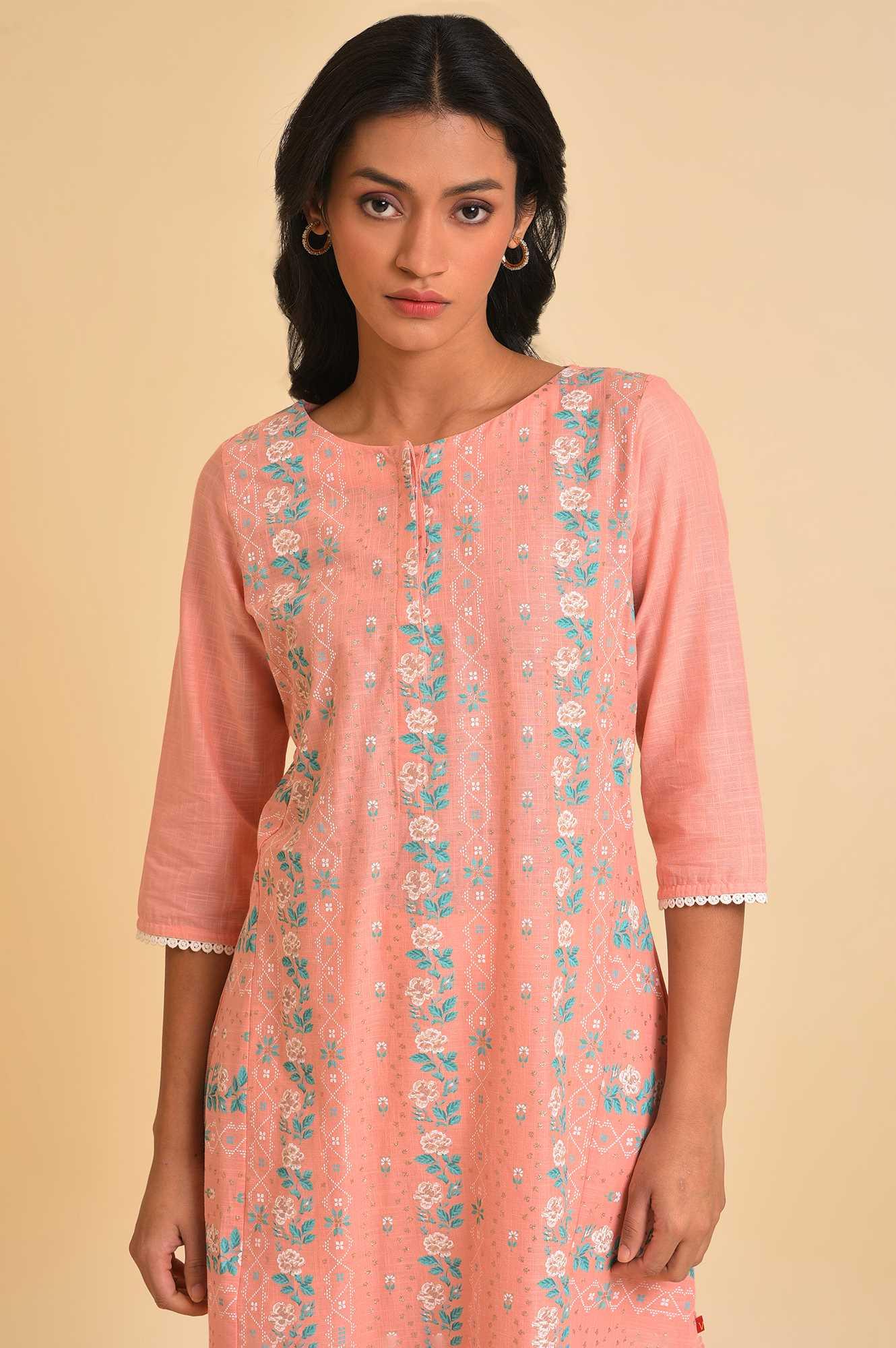 W for Woman Peach Glitter Printed A-Line kurta