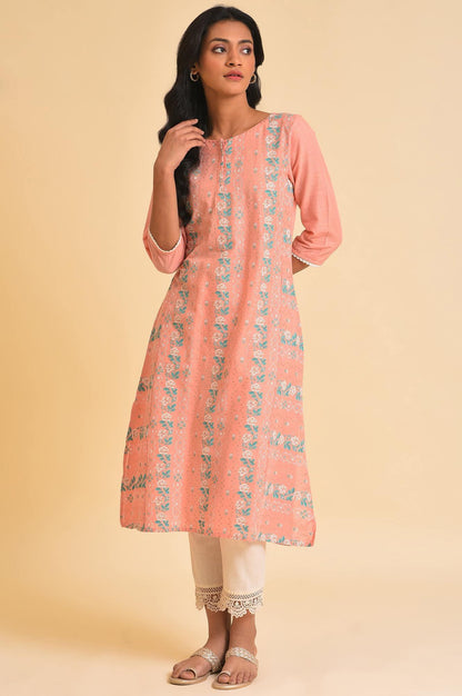 W for Woman Peach Glitter Printed A-Line kurta
